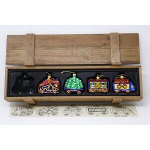 Thomas Pacconi 2003 Circus Train Blown Glass Ornaments in Wooden Box ORN-2030
